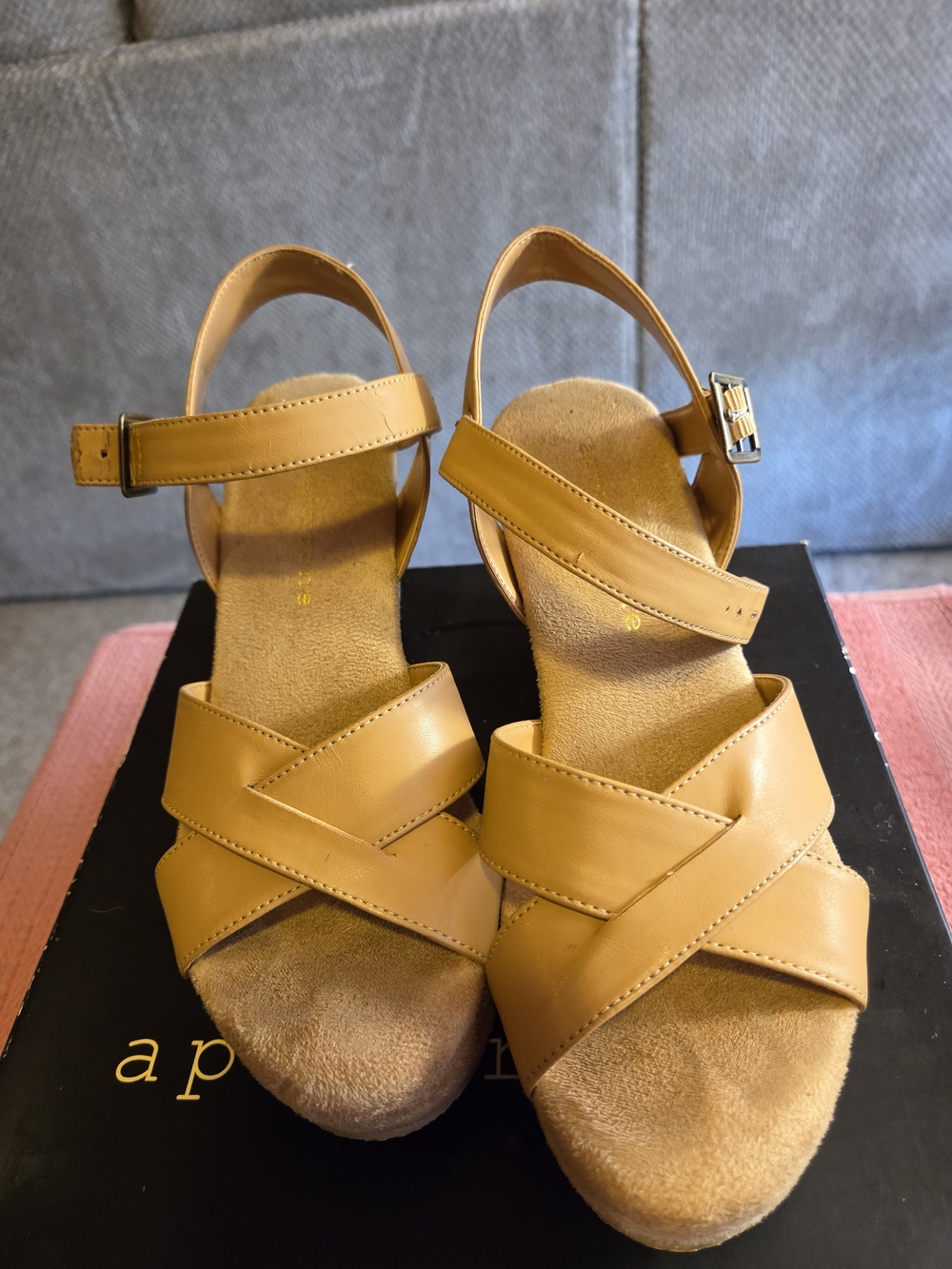 Apostrophe Mustard Tan Crisscross Wedge Sandals